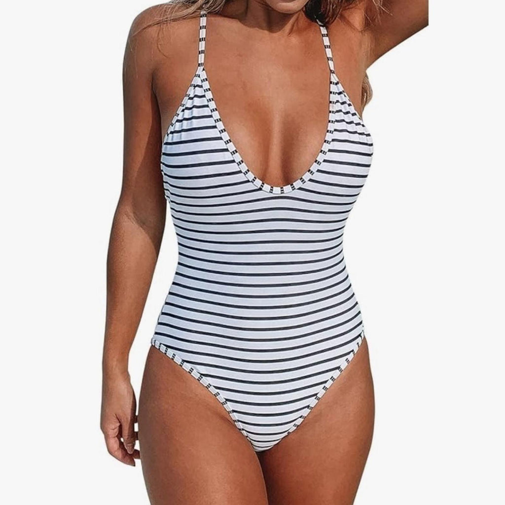 CUPSHE One Piece Swimsuit Striped Scoop Neck Cross Back Swimwear Size Large