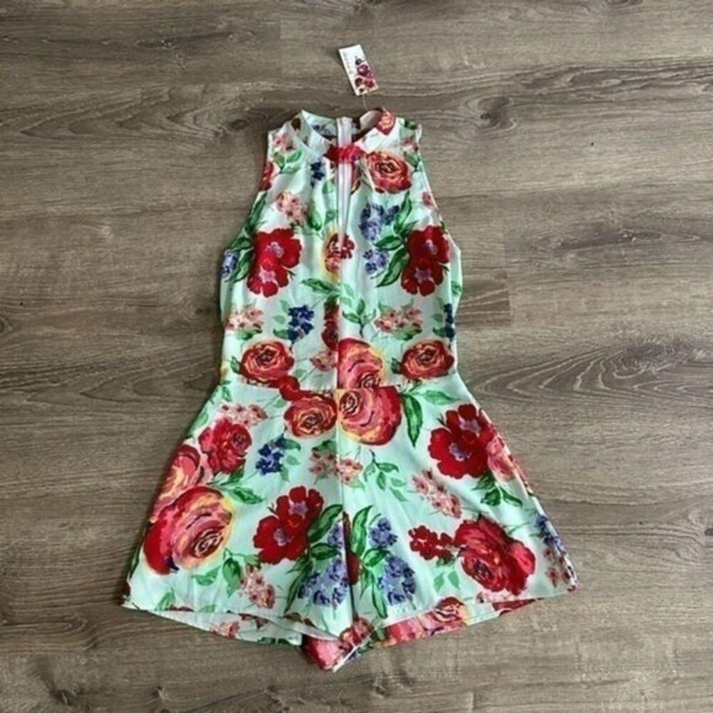 Everly Floral Teal Red Romper deep V at Neck NWT Small