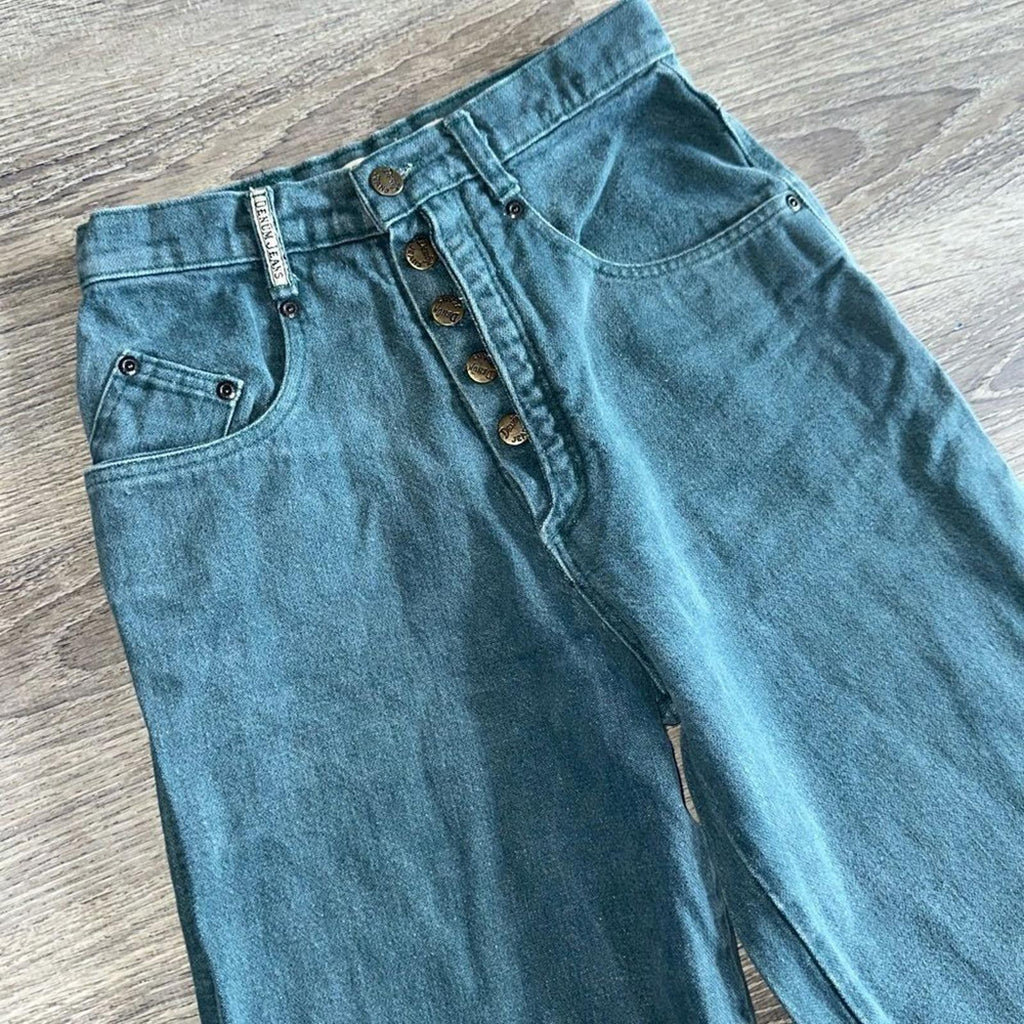 Vintage ‘Denum Jeans by Panhandle Slim Green HighWaist button fly 90’s Sz 7 RARE
