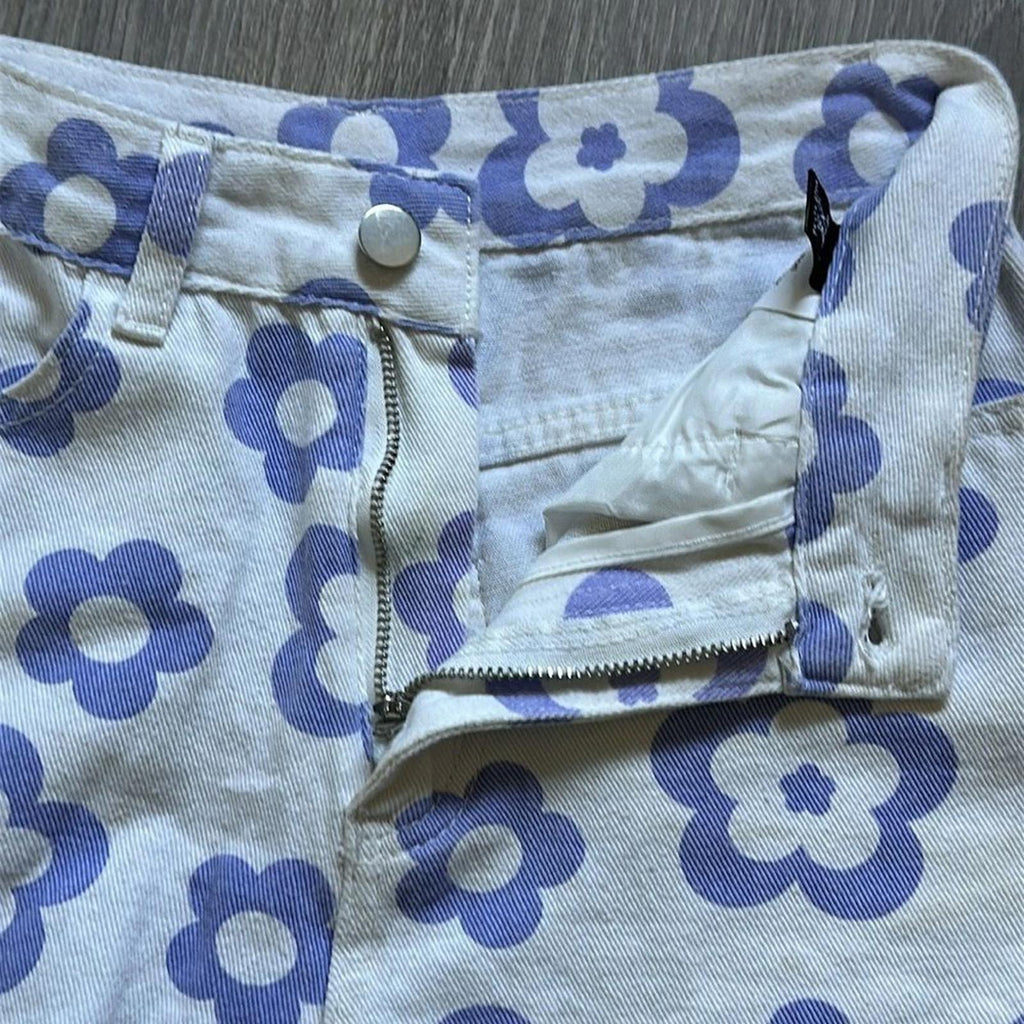 SHEIN White Blue Flower High Rise Jean Shorts Size XS