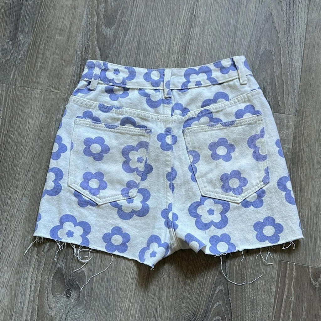 SHEIN White Blue Flower High Rise Jean Shorts Size XS