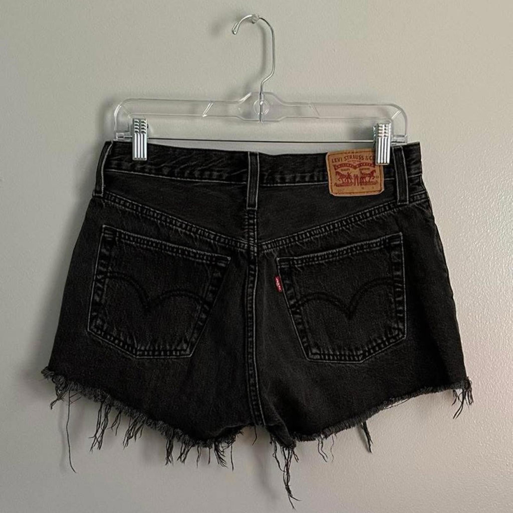 Levi’s 501 Raw Hem High Waisted Red Tab Black Denim Jeans Shorts Size 29