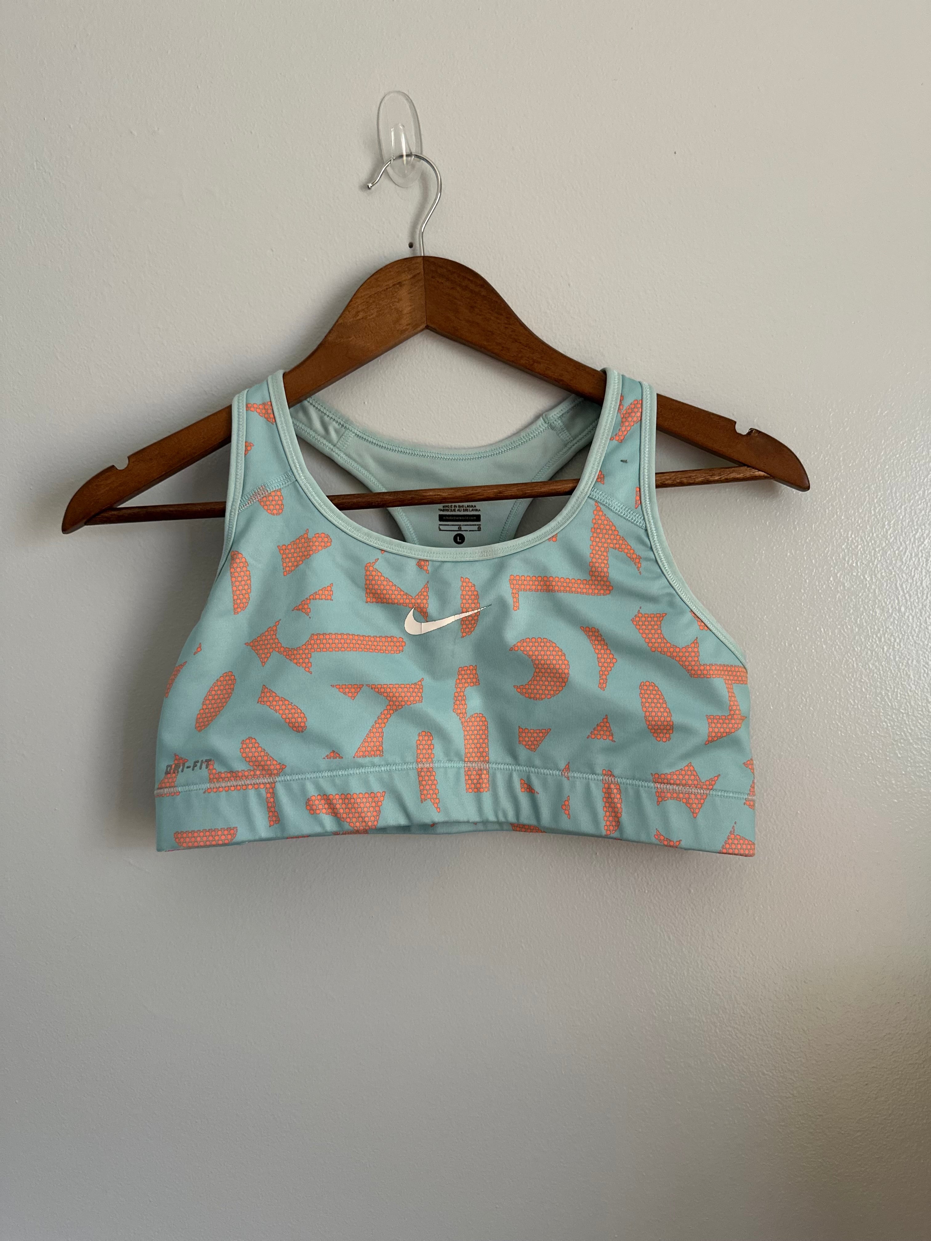 Nike Aqua Sports Bra with Coral Accents Large