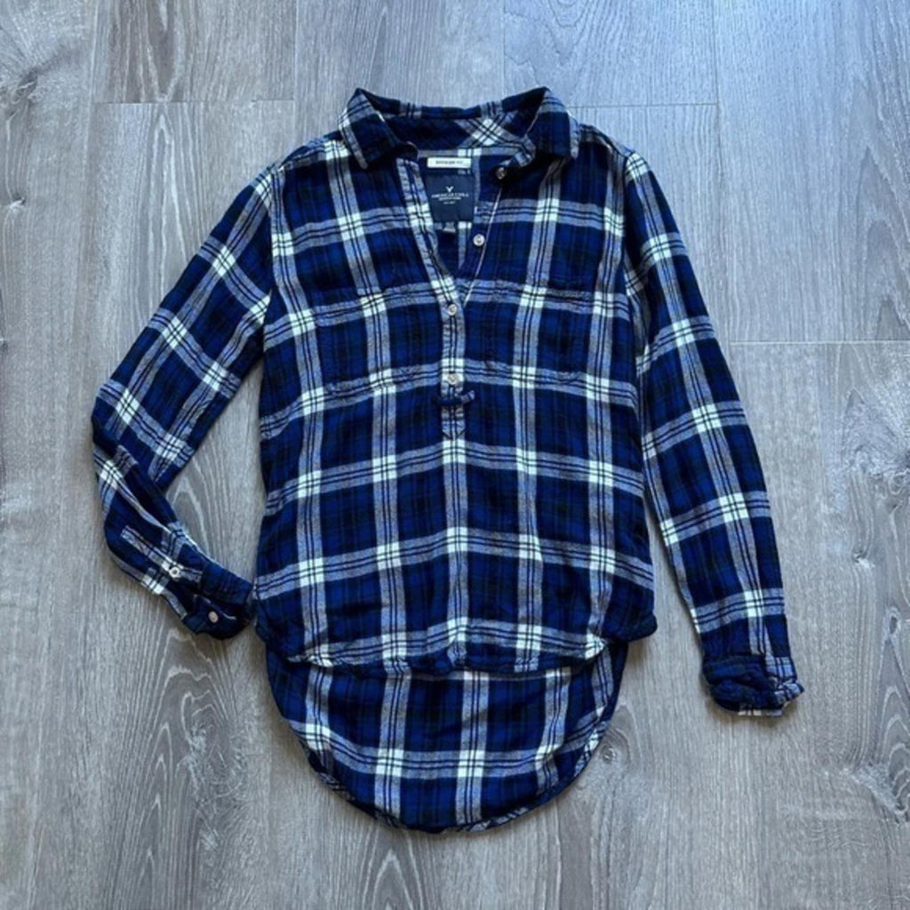 American Eagle Plaid Boyfriend Fit 1/2 Button Up Long Sleeve Shirt Size XS