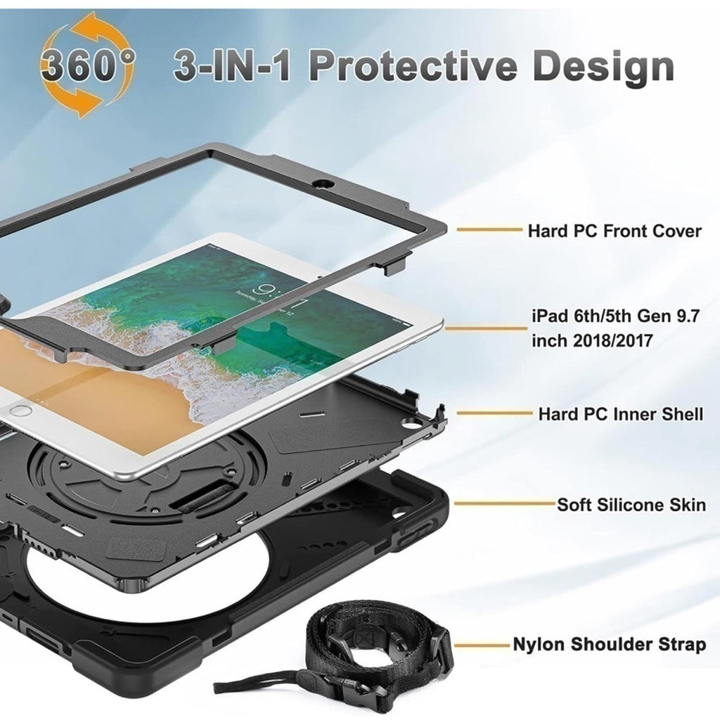 Drop & Shock Proof Black Case For Apple Tablet With Strap NEW