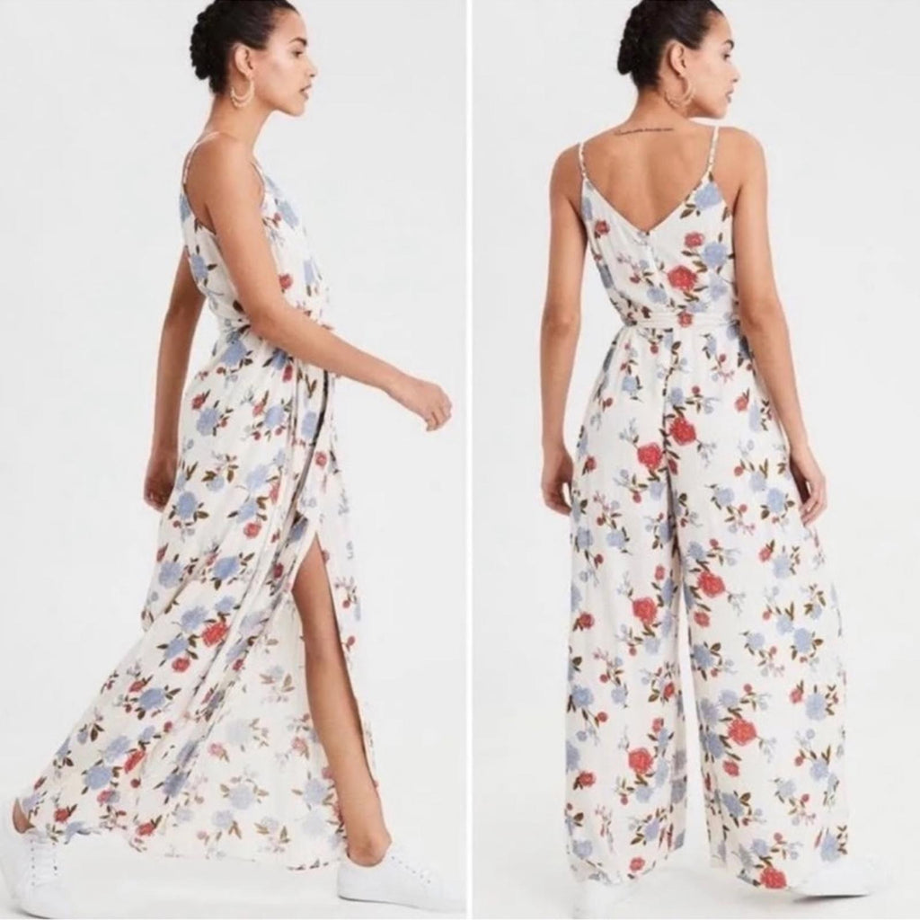 American Eagle Floral Print Tank Jumpsuit Front Slits Size 2