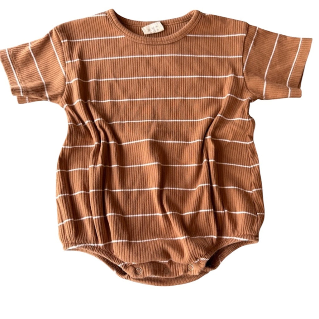 Sixx 12-18M Organic Cotton Ribbed Bubble Romper Brown Striped Neutral Outfit