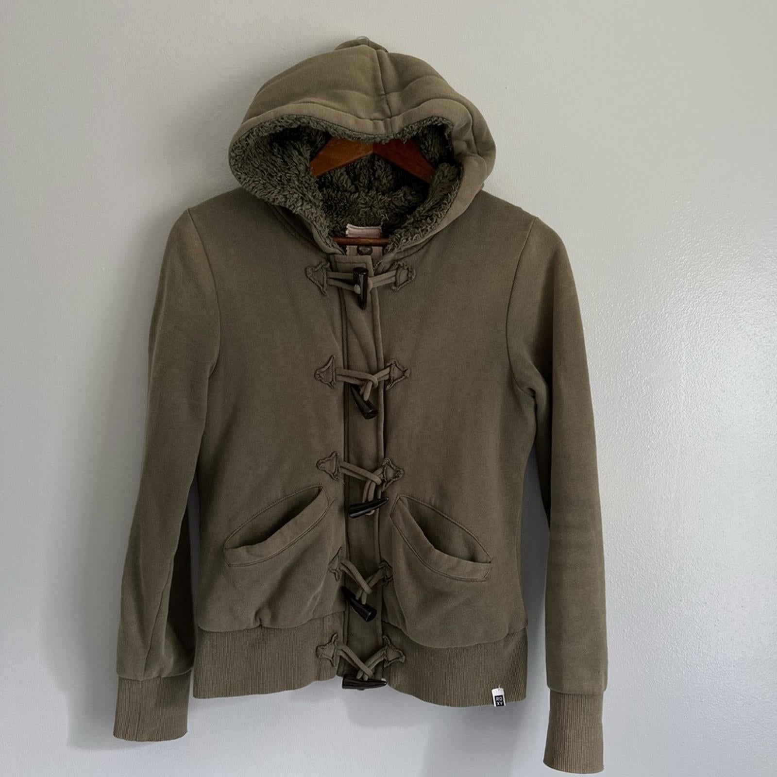 Roxy Olive Green Fur Lined Toggle Hoodie Small