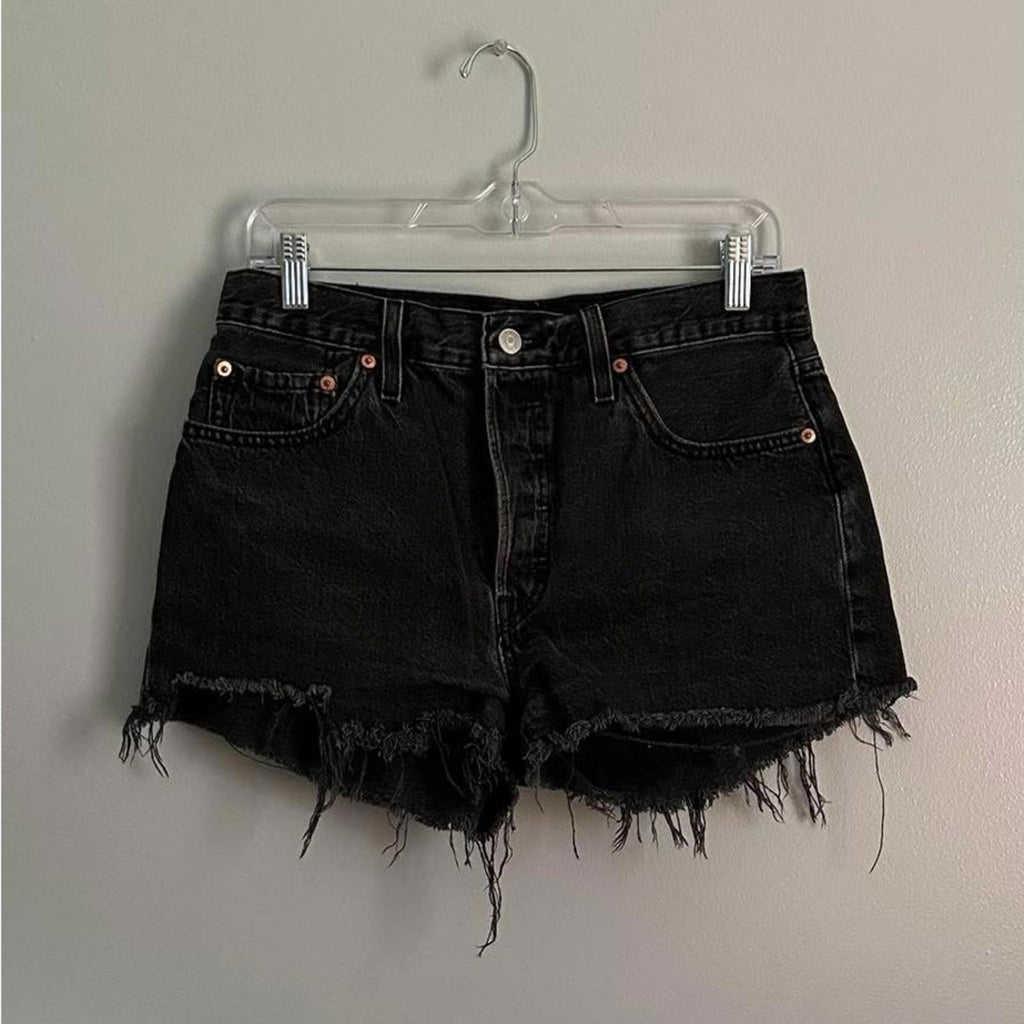 Levi’s 501 Raw Hem High Waisted Red Tab Black Denim Jeans Shorts Size 29