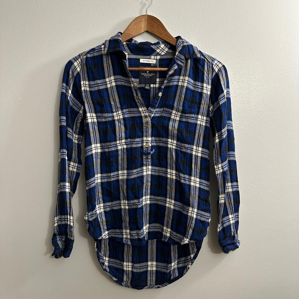 American Eagle Plaid Boyfriend Fit 1/2 Button Up Long Sleeve Shirt Size XS