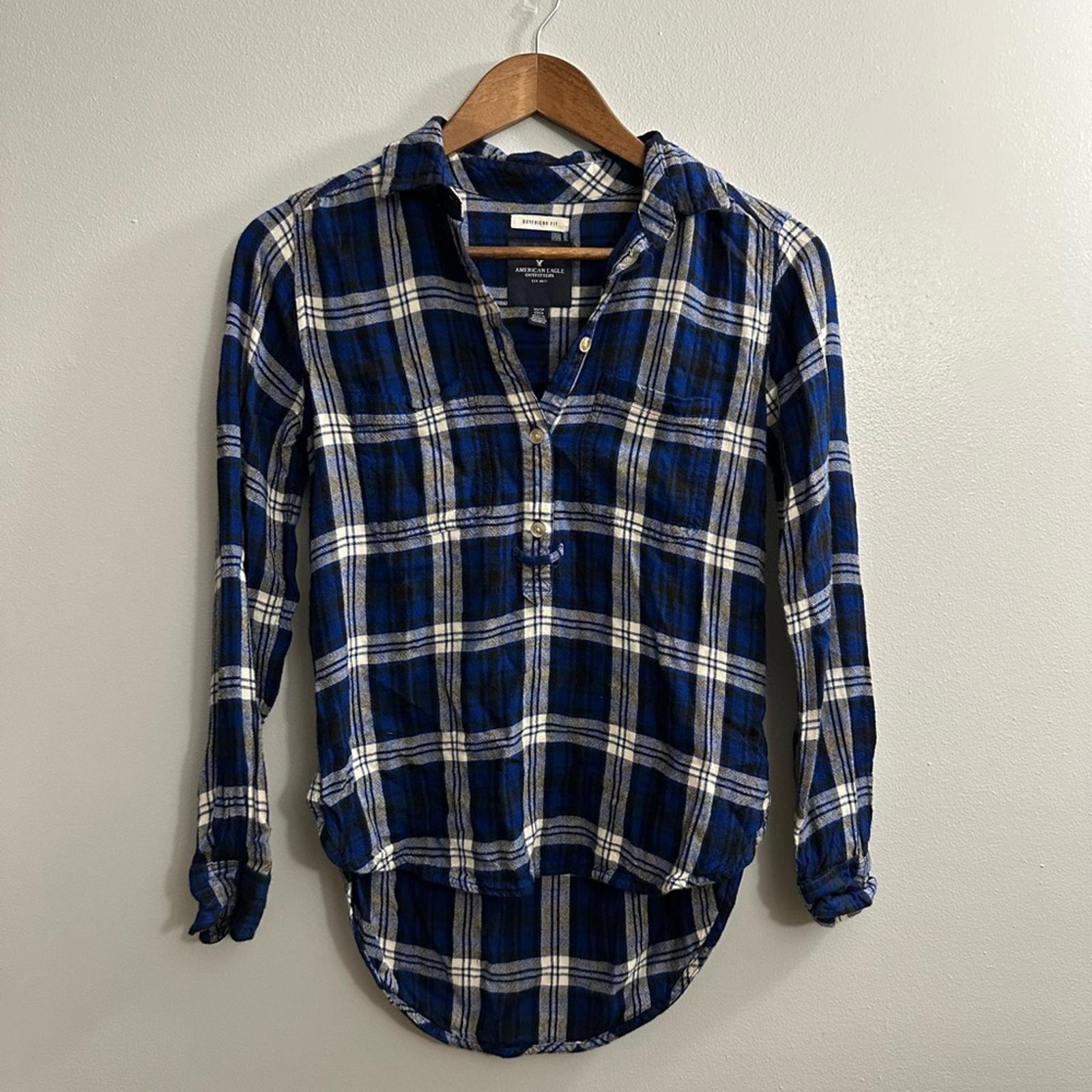 American Eagle Plaid Boyfriend Fit 1/2 Button Up Long Sleeve Shirt Size XS