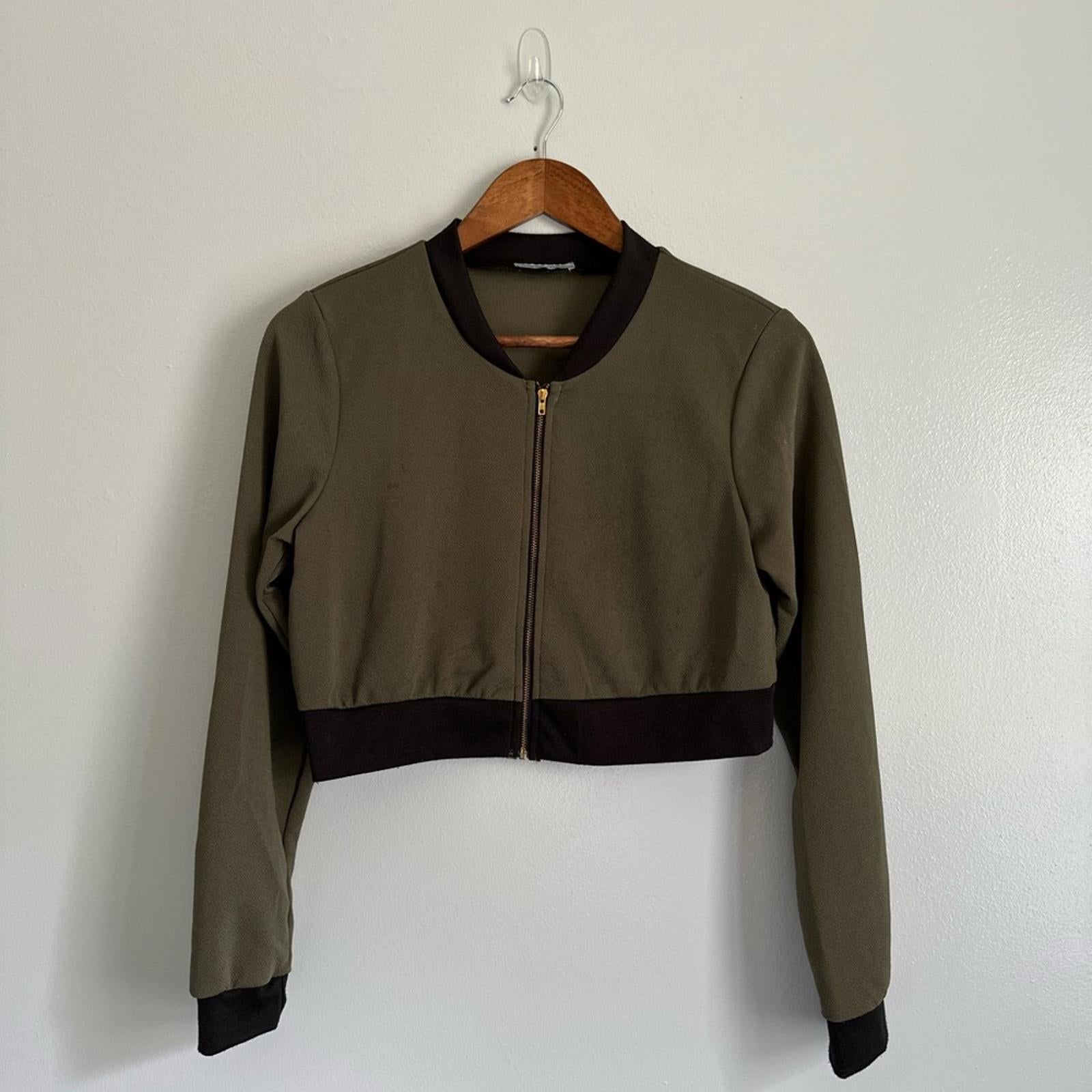 Charlotte Russe Cropped Bomber Jacket with Black Trim Large